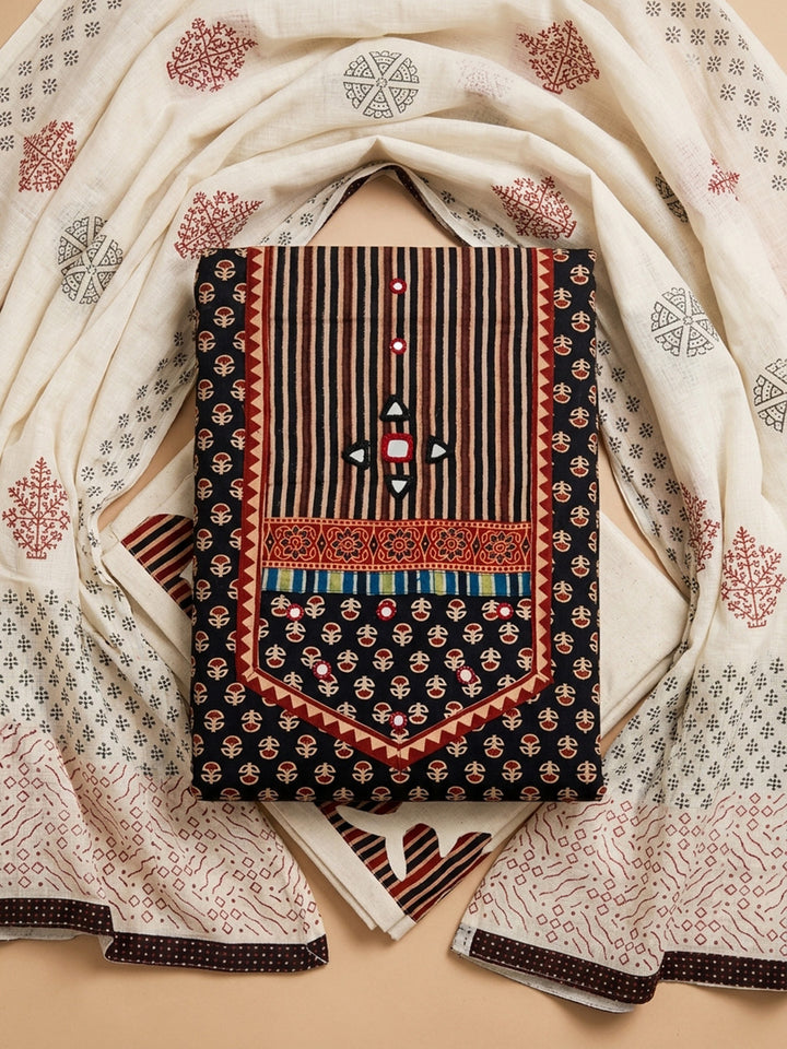 Black Printed Cotton Blend Unstitched Dress Material