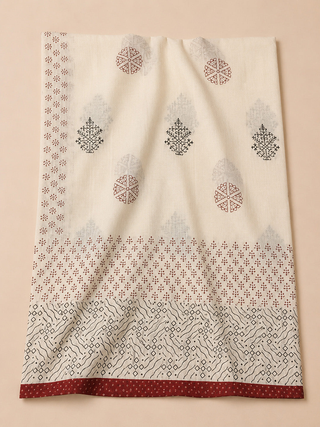Maroon Printed Cotton Blend Unstitched Dress Material