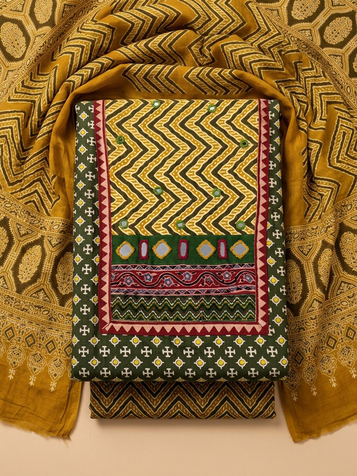 Green Printed Cotton Blend Unstitched Dress Material