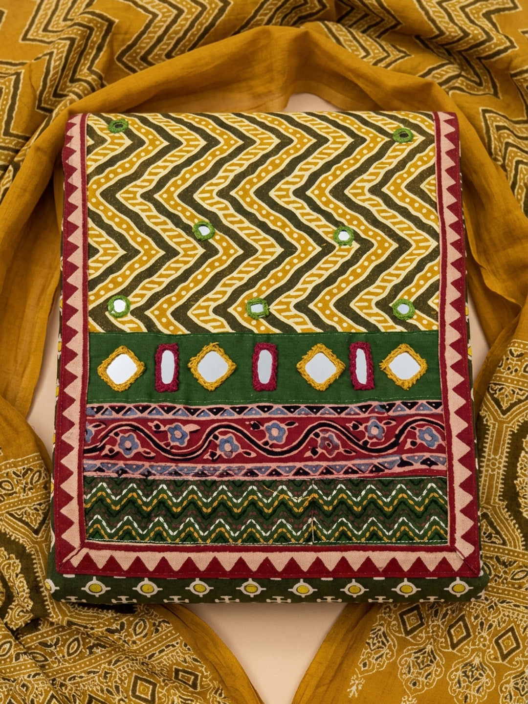Green Printed Cotton Blend Unstitched Dress Material