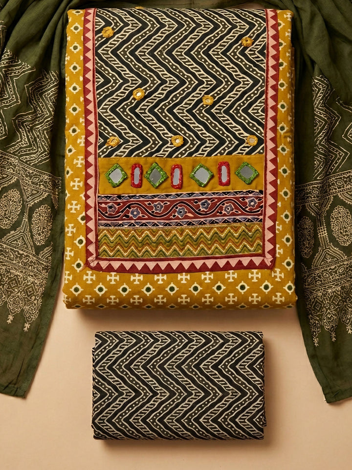 Mustard Printed Cotton Blend Unstitched Dress Material