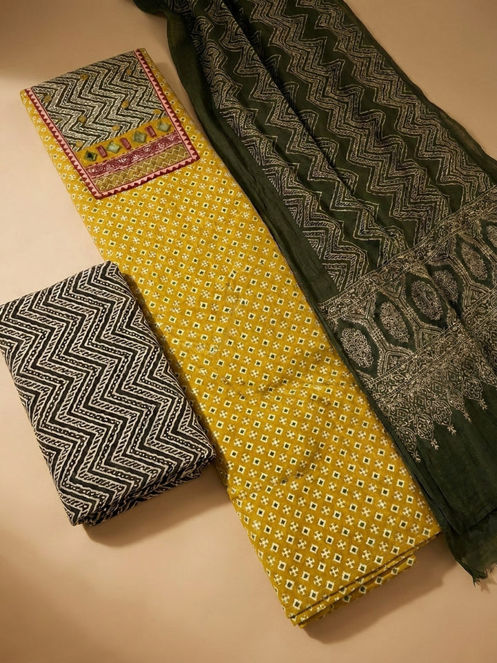 Mustard Printed Cotton Blend Unstitched Dress Material