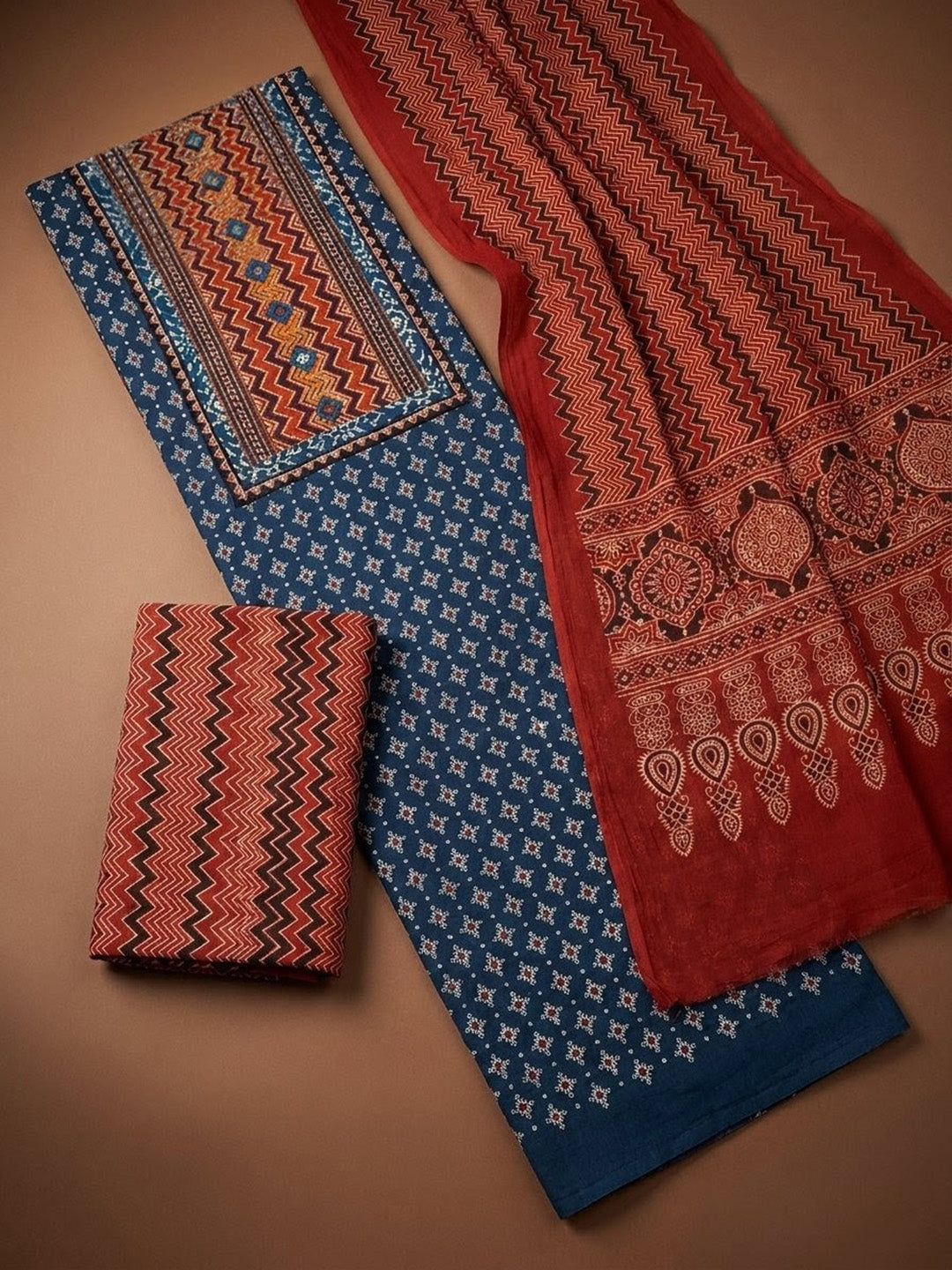 Blue Printed Cotton Blend Unstitched Dress Material