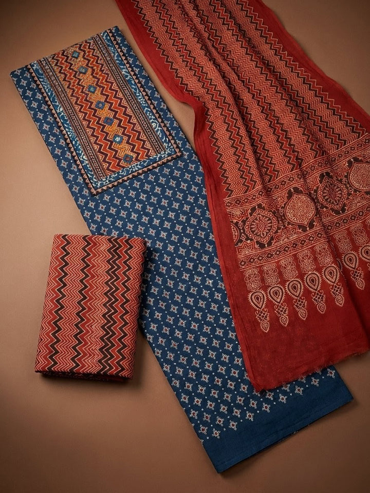 Blue Printed Cotton Blend Unstitched Dress Material