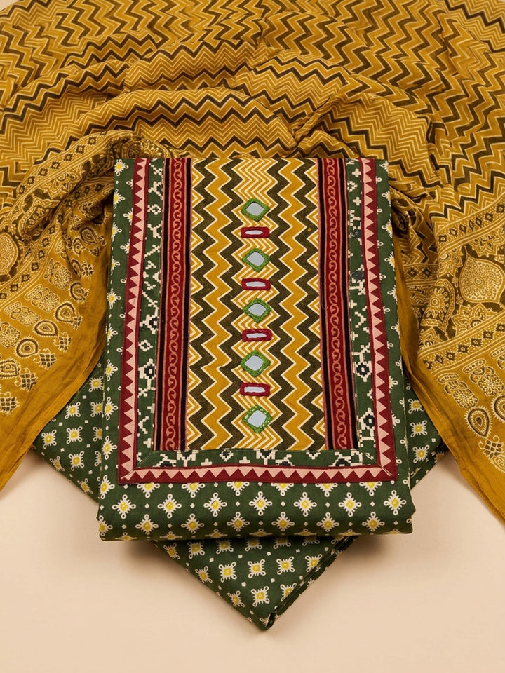 Green Printed Cotton Blend Unstitched Dress Material