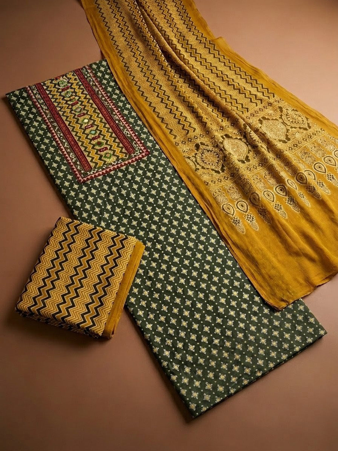 Green Printed Cotton Blend Unstitched Dress Material