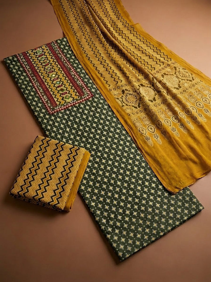 Green Printed Cotton Blend Unstitched Dress Material