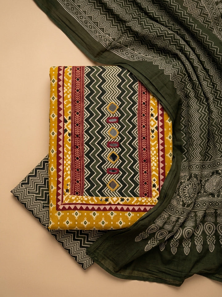 Mustard Printed Cotton Blend Unstitched Dress Material