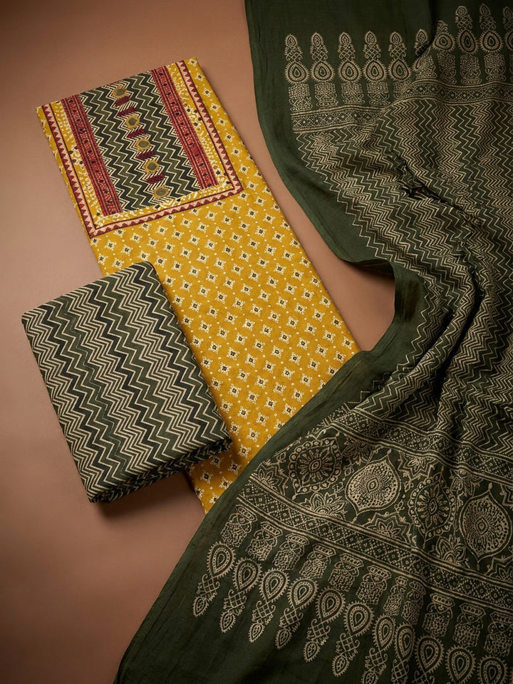 Mustard Printed Cotton Blend Unstitched Dress Material