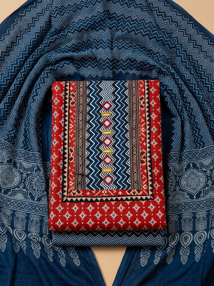 Red Printed Cotton Blend Unstitched Dress Material