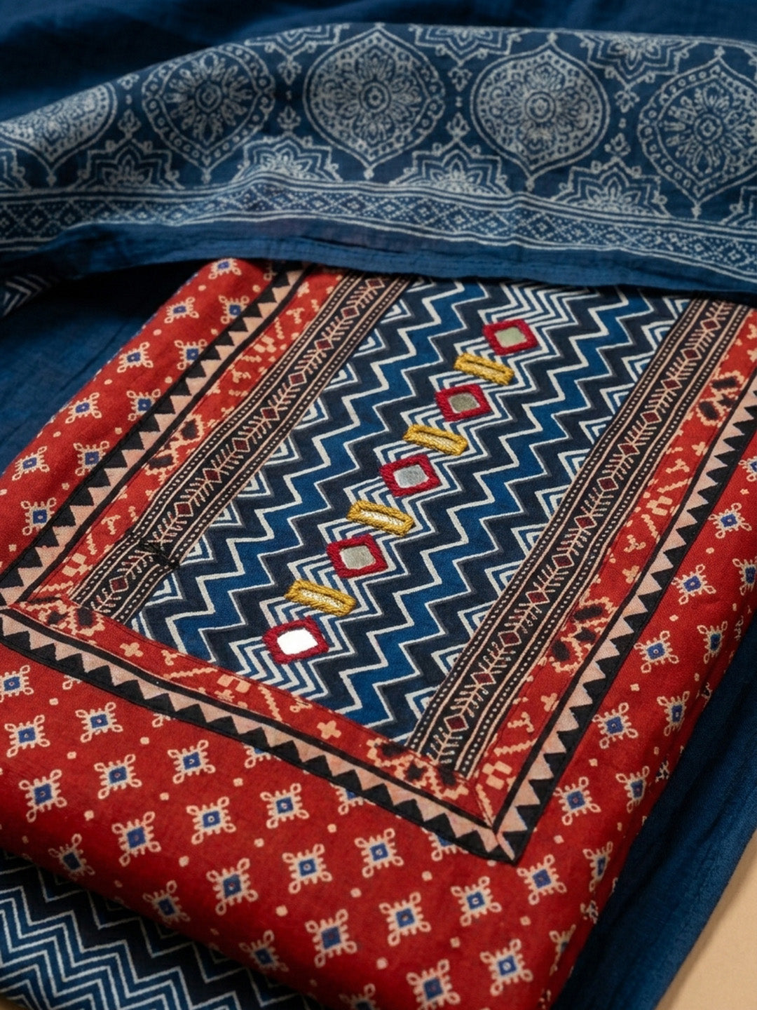 Red Printed Cotton Blend Unstitched Dress Material