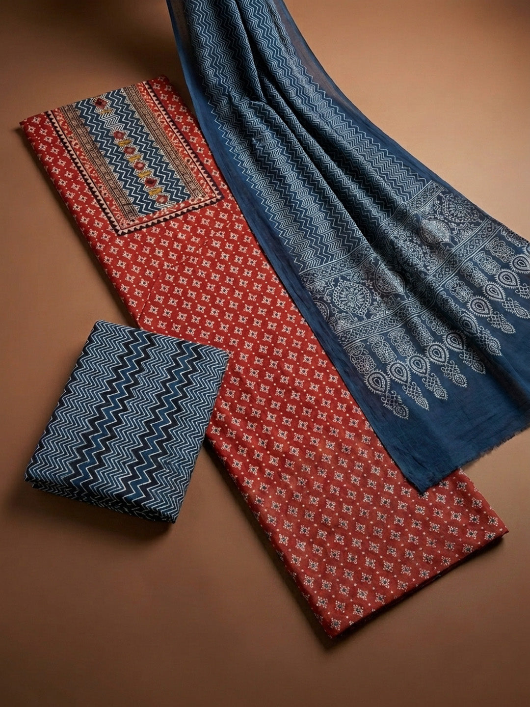 Red Printed Cotton Blend Unstitched Dress Material
