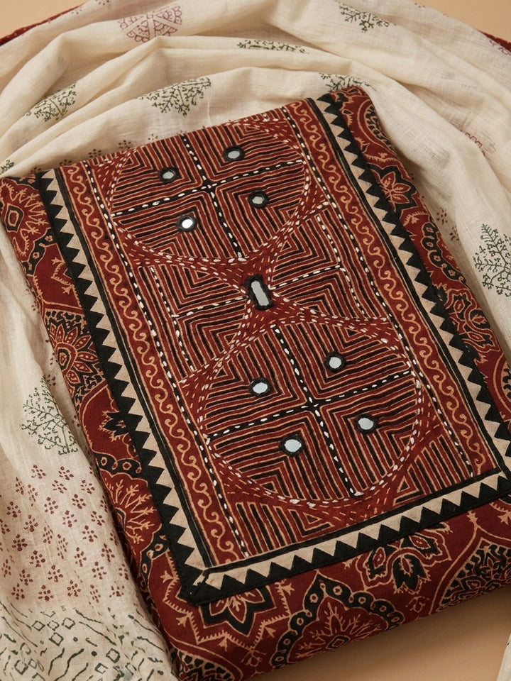 Maroon Printed Cotton Blend Unstitched Dress Material