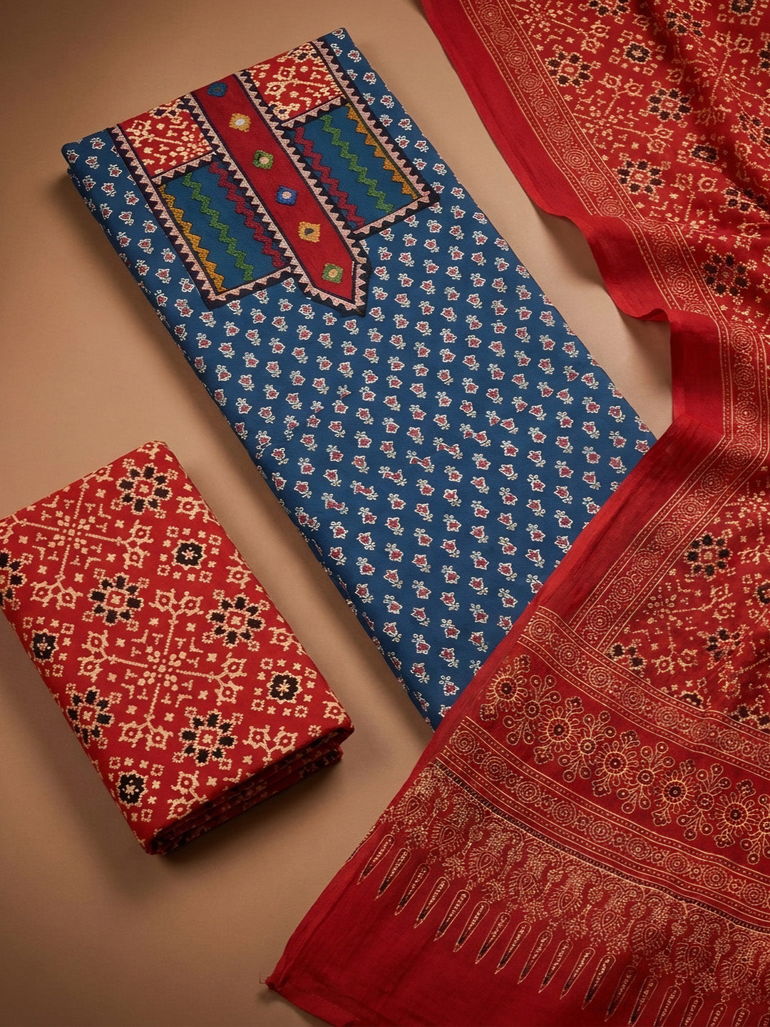Blue Printed Cotton Blend Unstitched Dress Material