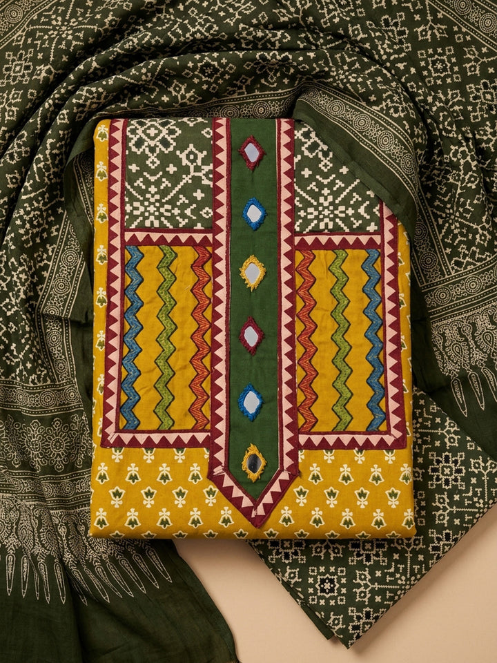 Mustard Printed Cotton Blend Unstitched Dress Material