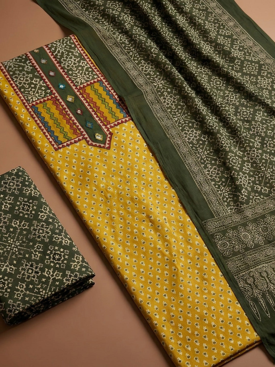 Mustard Printed Cotton Blend Unstitched Dress Material