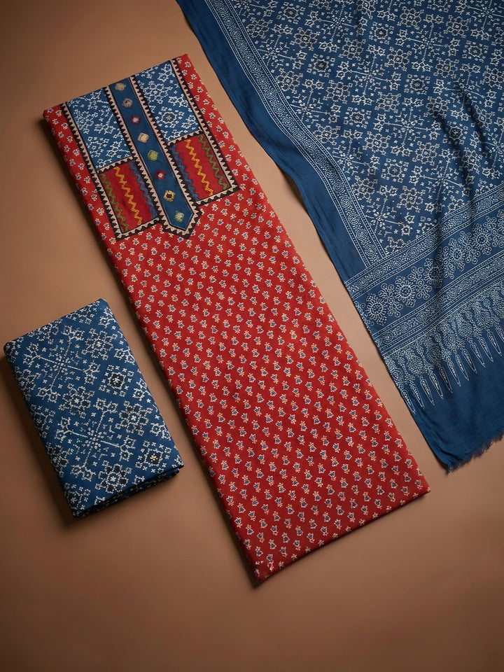 Red Printed Cotton Blend Unstitched Dress Material