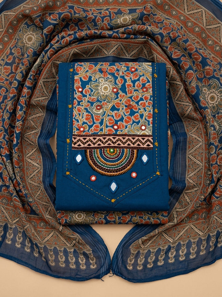 Blue Printed Cotton Blend Unstitched Dress Material