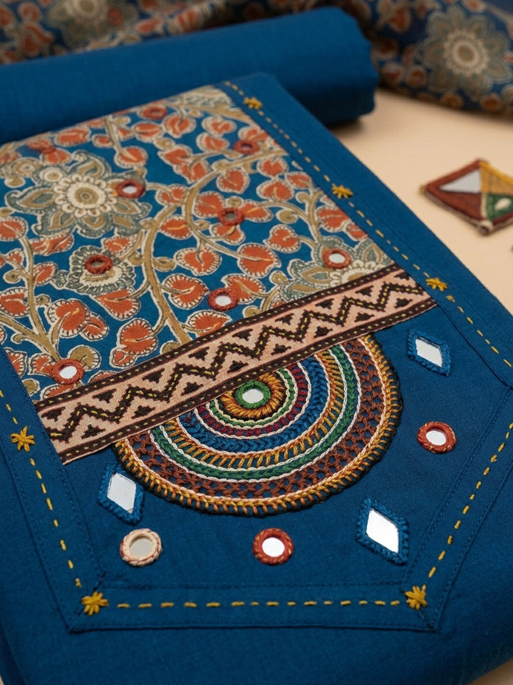 Blue Printed Cotton Blend Unstitched Dress Material