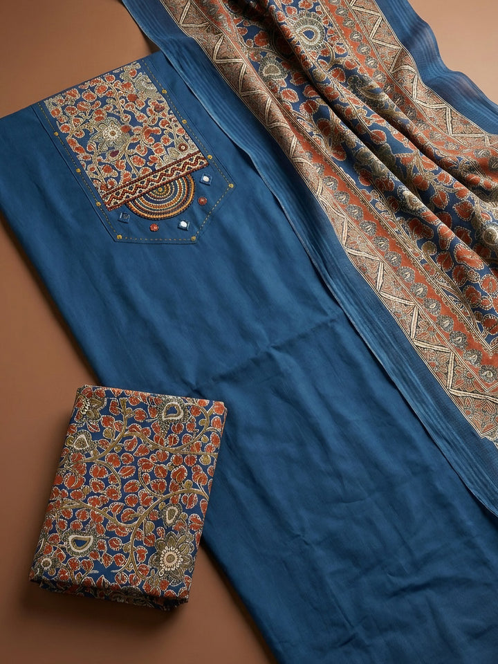 Blue Printed Cotton Blend Unstitched Dress Material