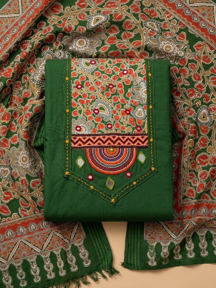 Bottle Green Printed Cotton Blend Unstitched Dress Material