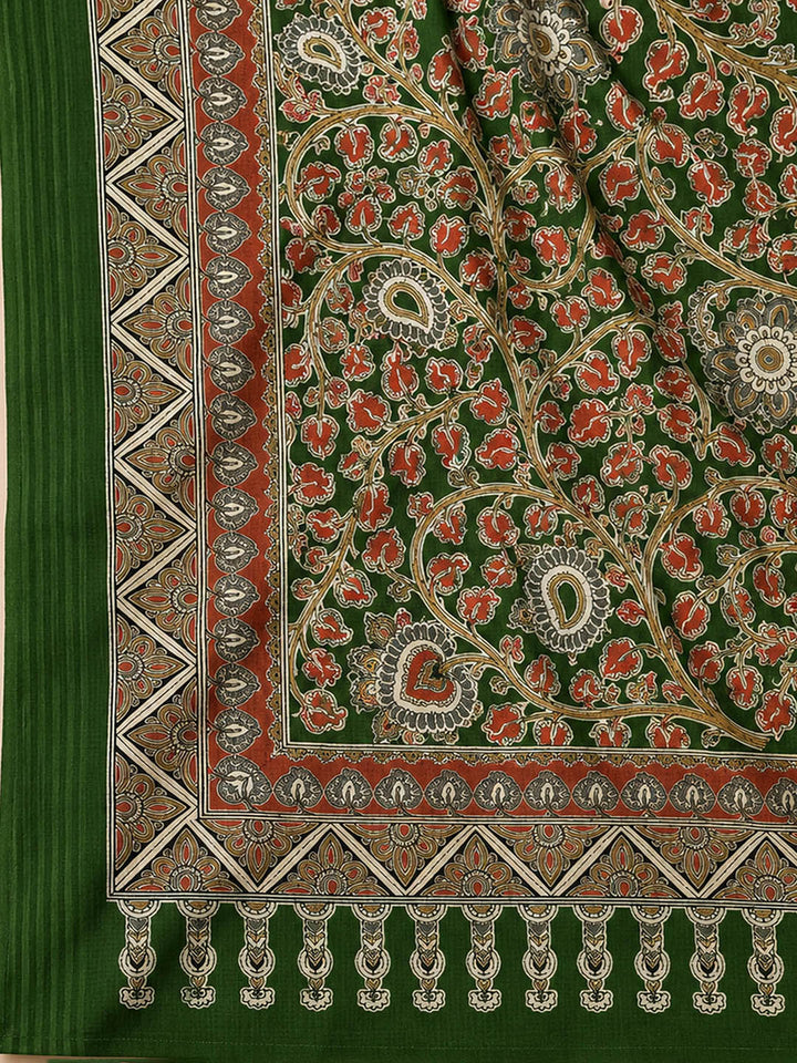 Bottle Green Printed Cotton Blend Unstitched Dress Material