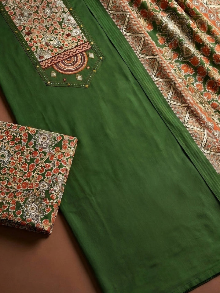 Bottle Green Printed Cotton Blend Unstitched Dress Material