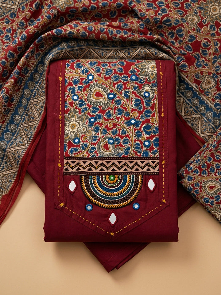 Maroon Printed Cotton Blend Unstitched Dress Material