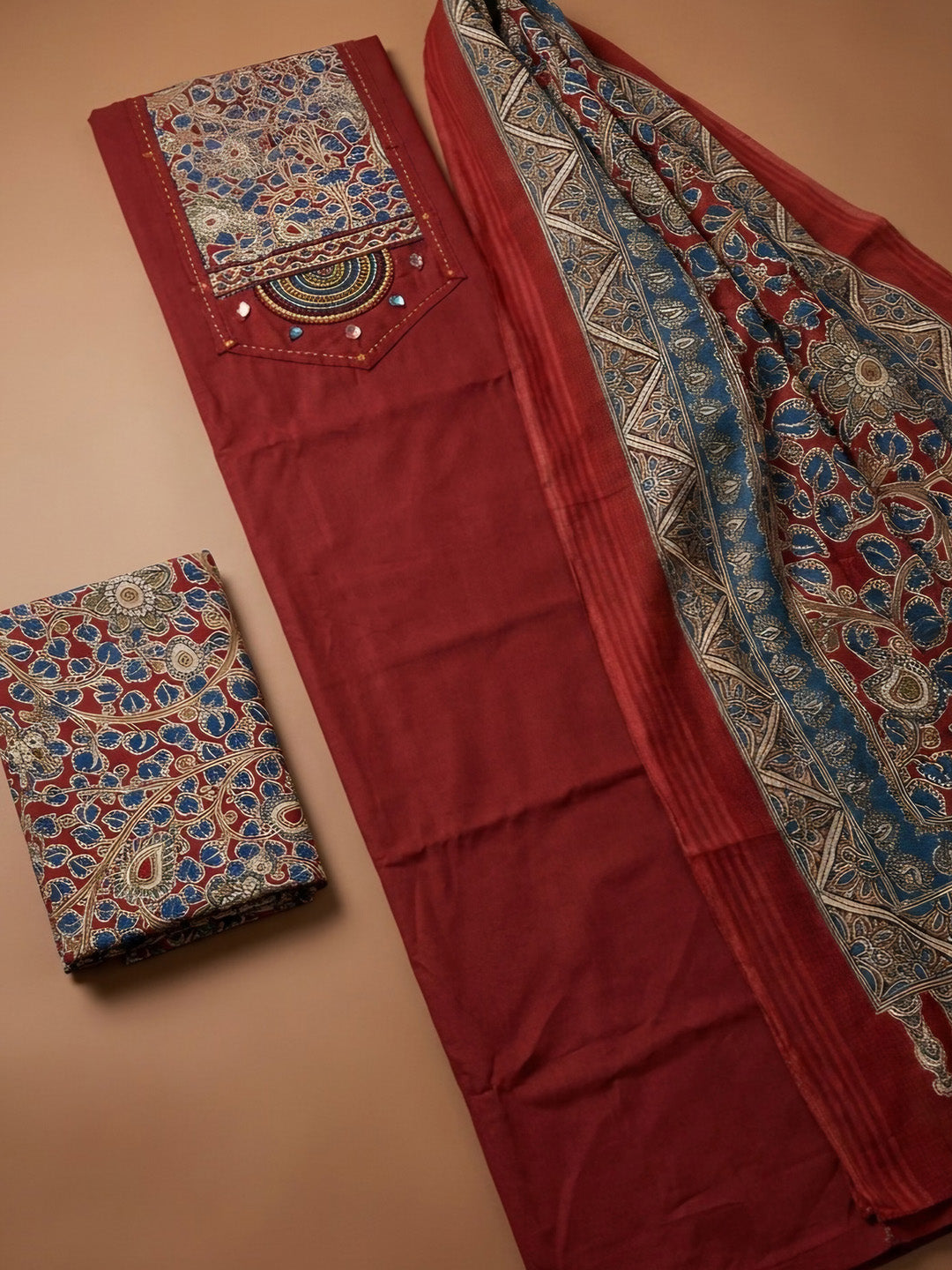 Maroon Printed Cotton Blend Unstitched Dress Material