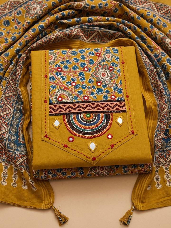 Mustard Printed Cotton Blend Unstitched Dress Material