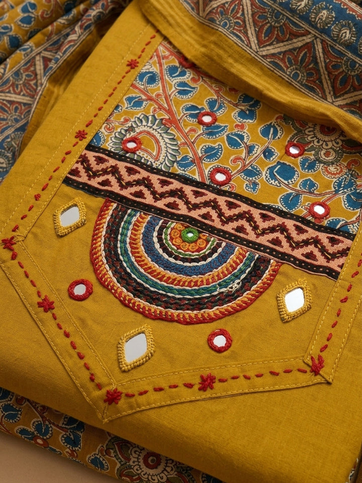 Mustard Printed Cotton Blend Unstitched Dress Material