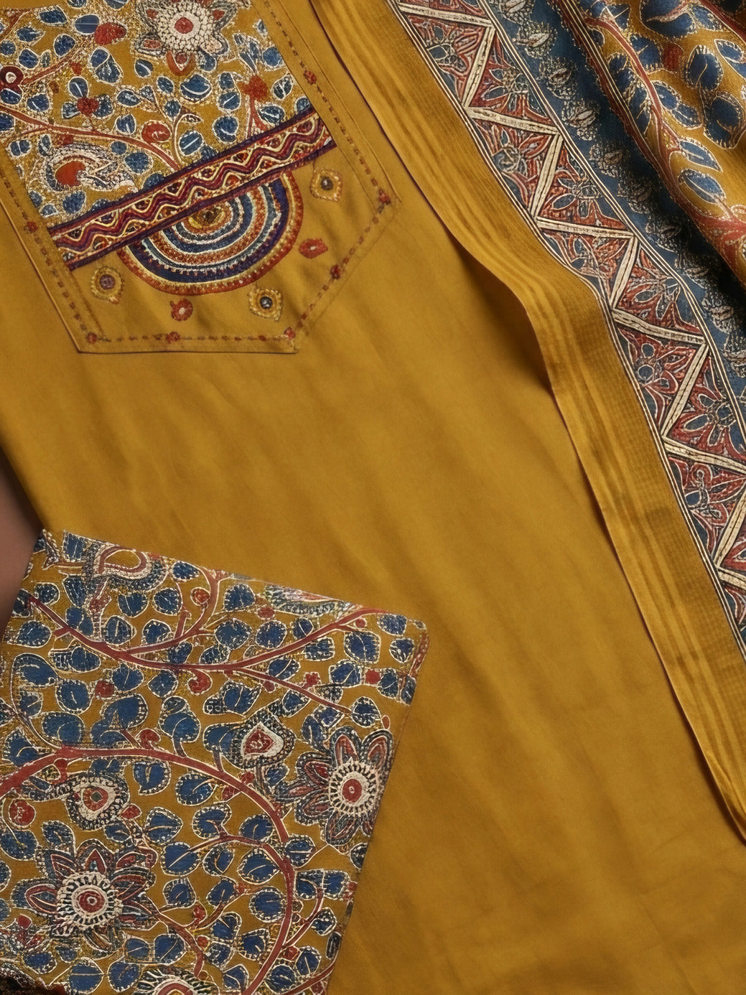 Mustard Printed Cotton Blend Unstitched Dress Material