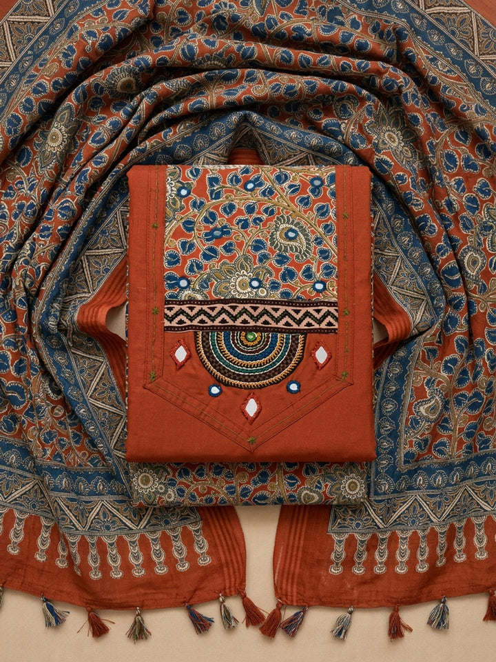 Rust Printed Cotton Blend Unstitched Dress Material