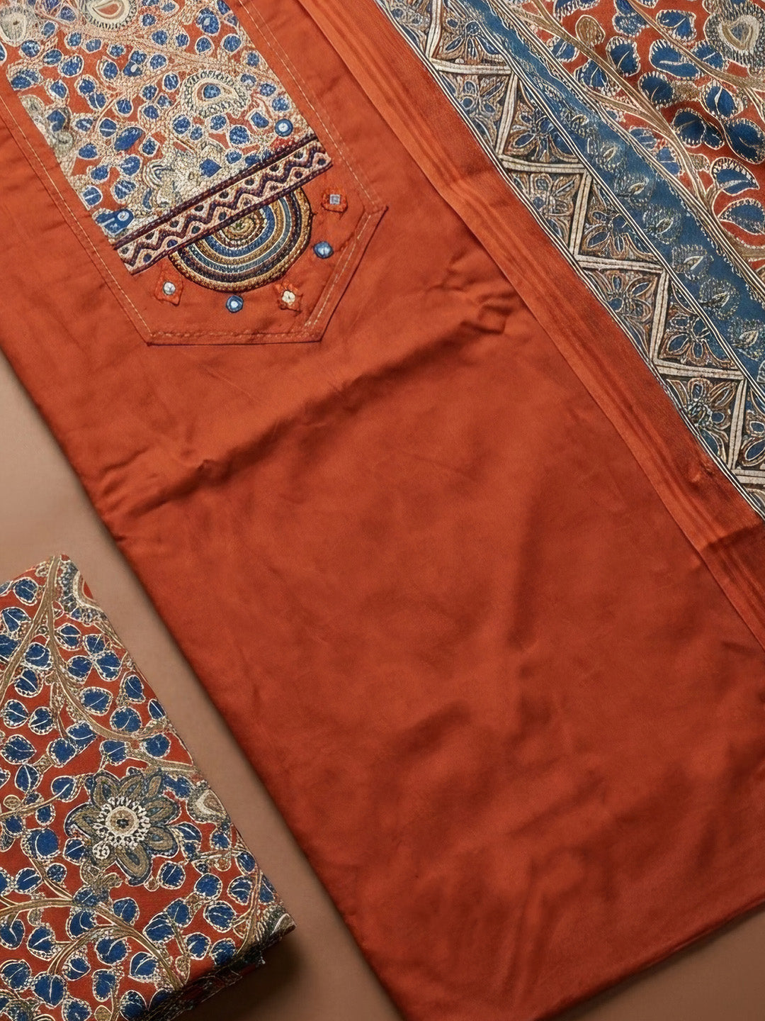 Rust Printed Cotton Blend Unstitched Dress Material
