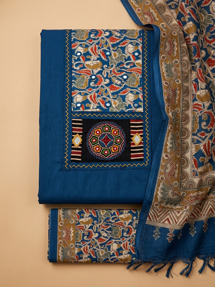 Blue Printed Cotton Blend Unstitched Dress Material