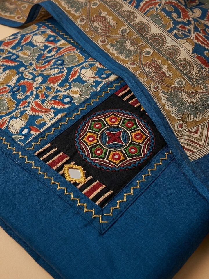 Blue Printed Cotton Blend Unstitched Dress Material
