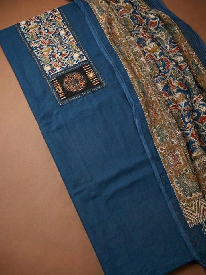 Blue Printed Cotton Blend Unstitched Dress Material
