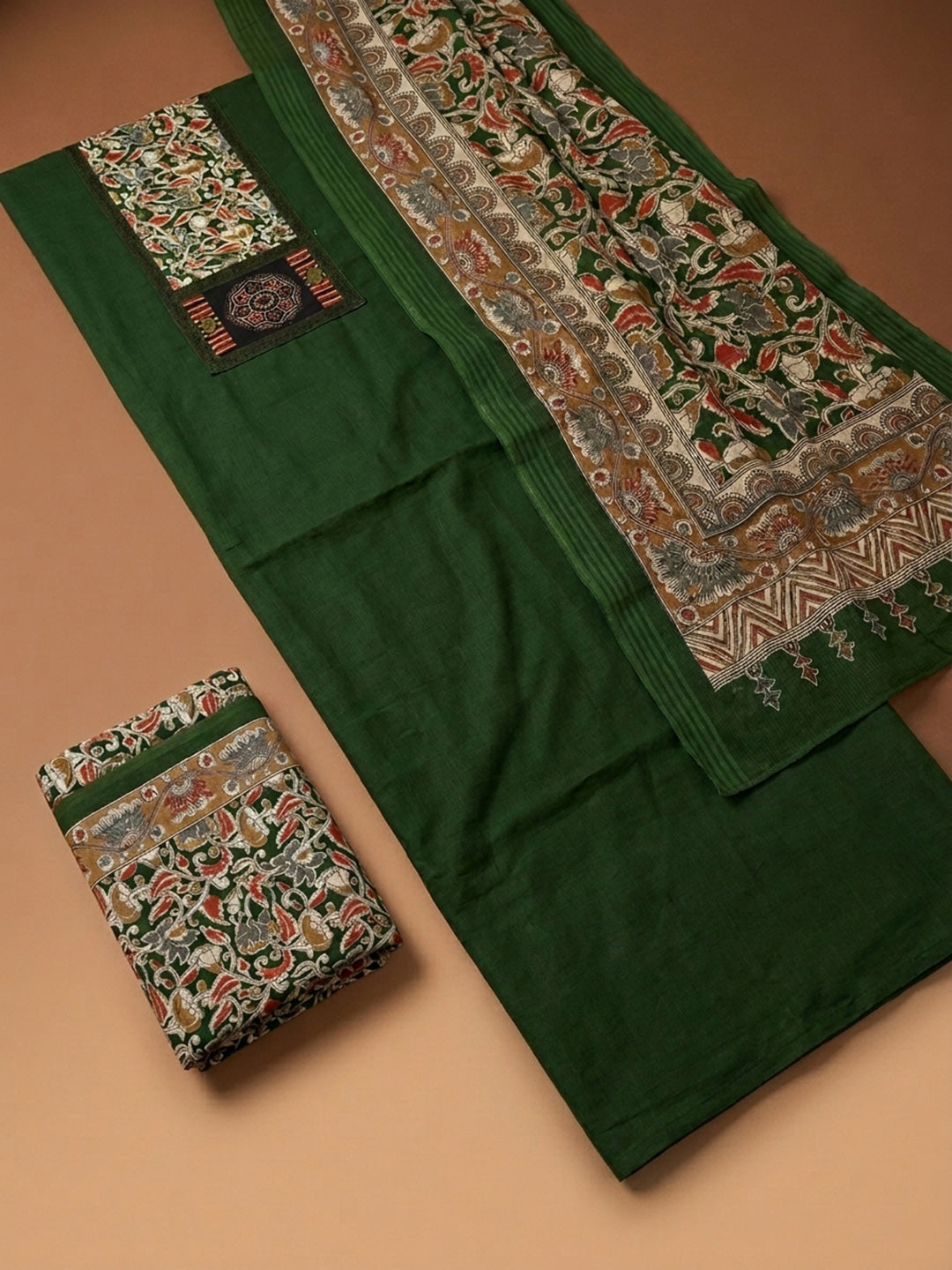 Bottle Green Printed Cotton Blend Unstitched Dress Material