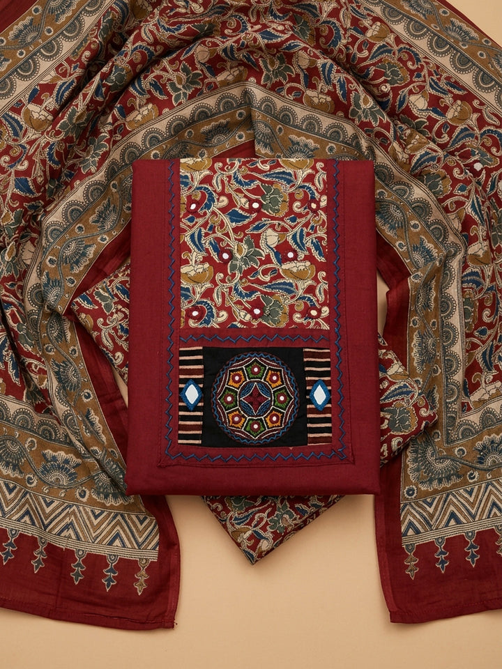 Maroon Printed Cotton Blend Unstitched Dress Material
