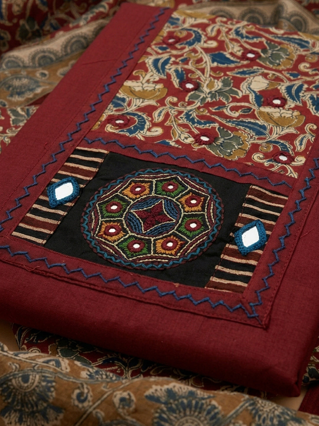 Maroon Printed Cotton Blend Unstitched Dress Material