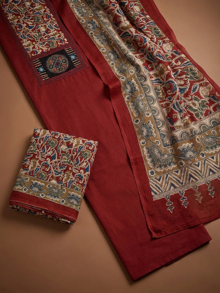 Maroon Printed Cotton Blend Unstitched Dress Material