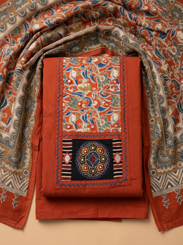 Rust Printed Cotton Blend Unstitched Dress Material