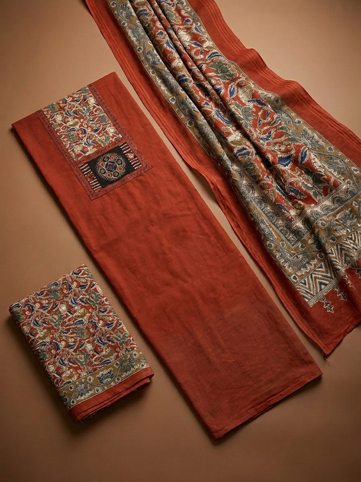 Rust Printed Cotton Blend Unstitched Dress Material