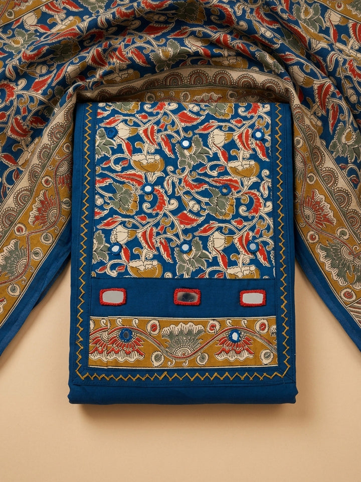 Blue Printed Cotton Blend Unstitched Dress Material