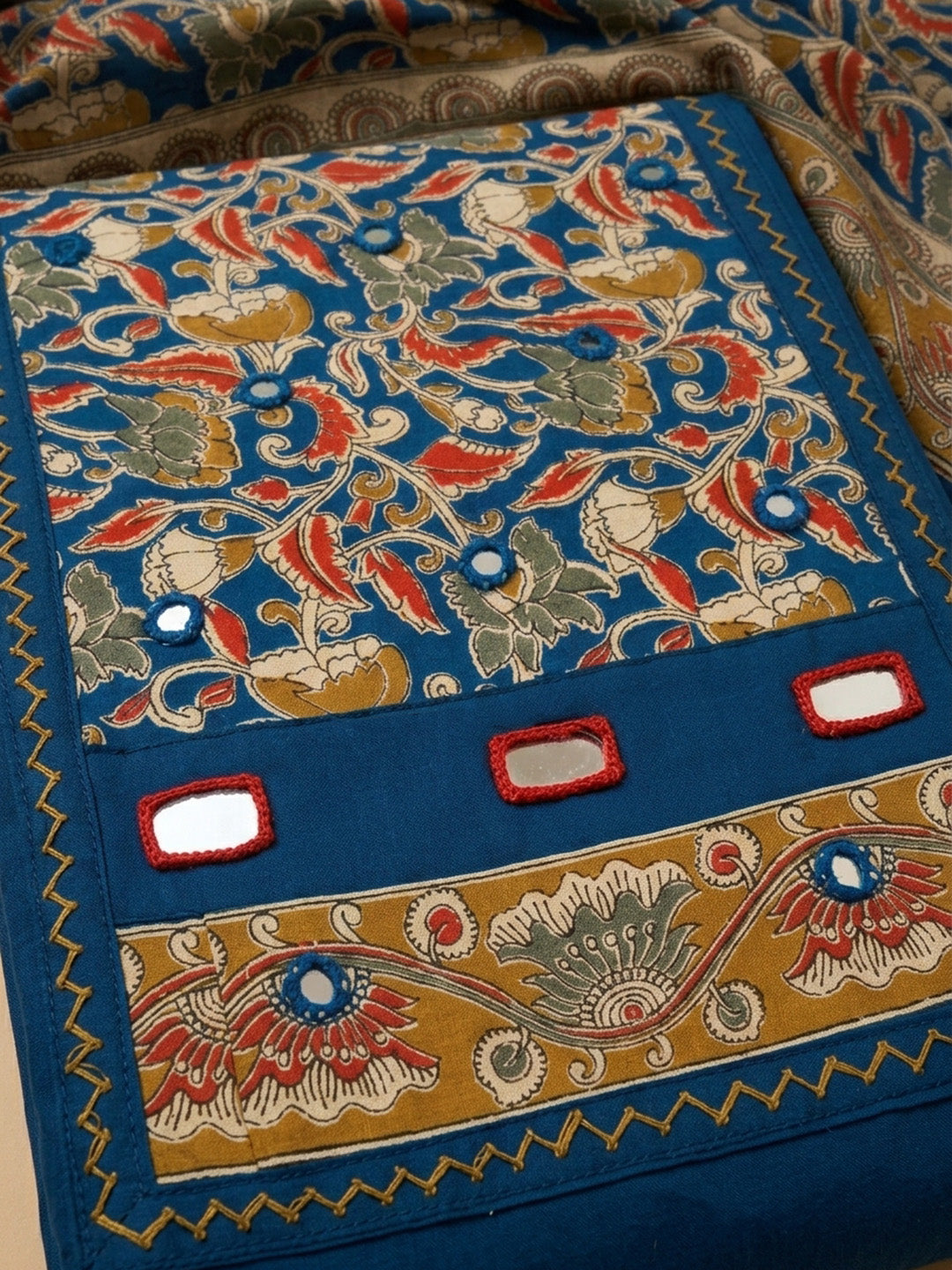 Blue Printed Cotton Blend Unstitched Dress Material