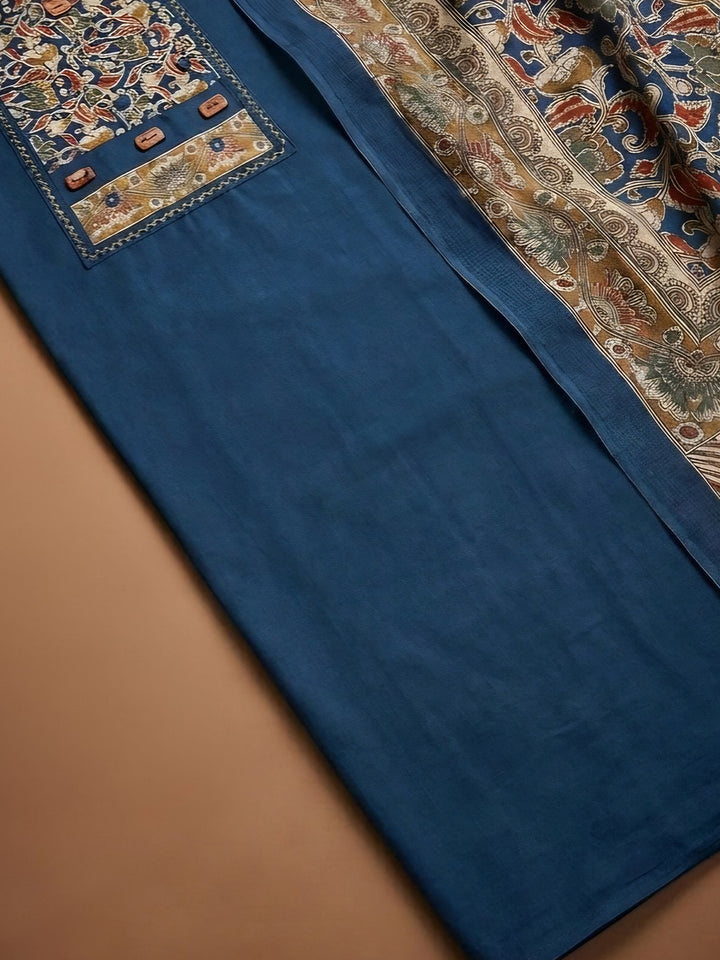 Blue Printed Cotton Blend Unstitched Dress Material