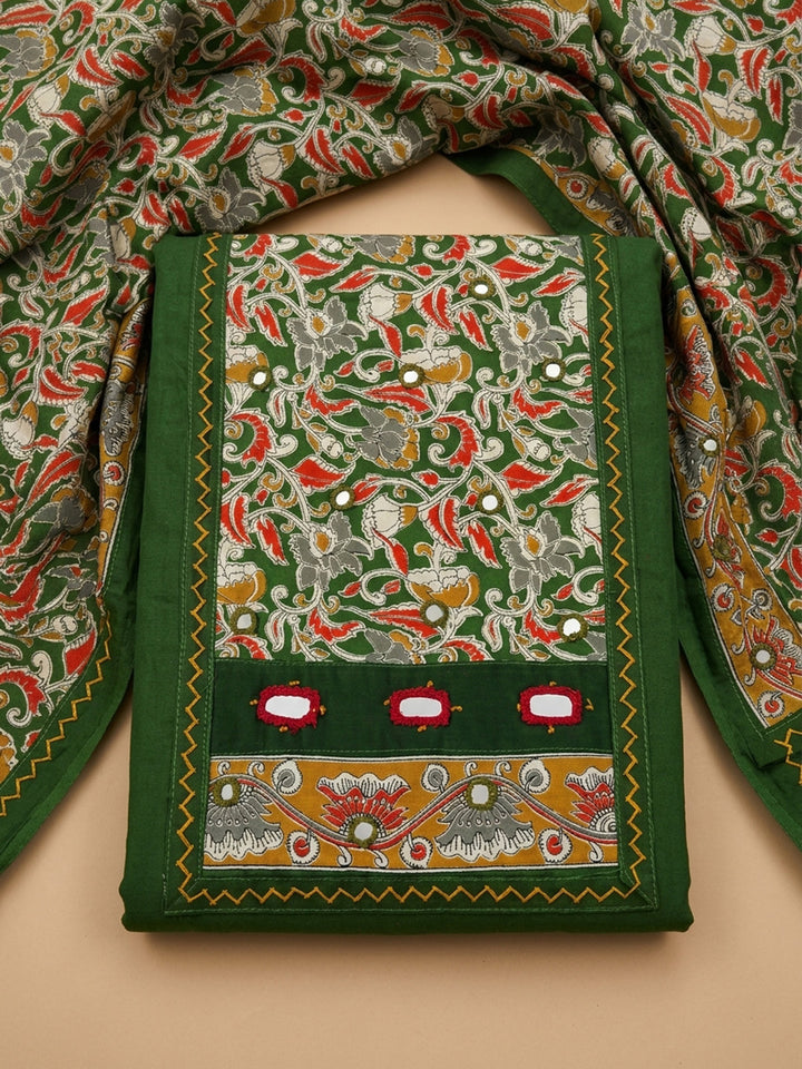 Bottle Green Printed Cotton Blend Unstitched Dress Material