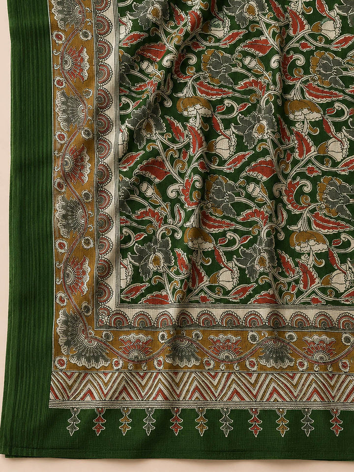 Bottle Green Printed Cotton Blend Unstitched Dress Material