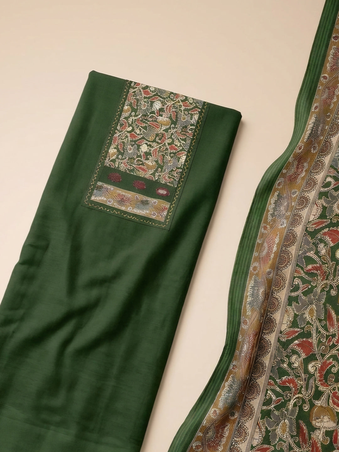 Bottle Green Printed Cotton Blend Unstitched Dress Material