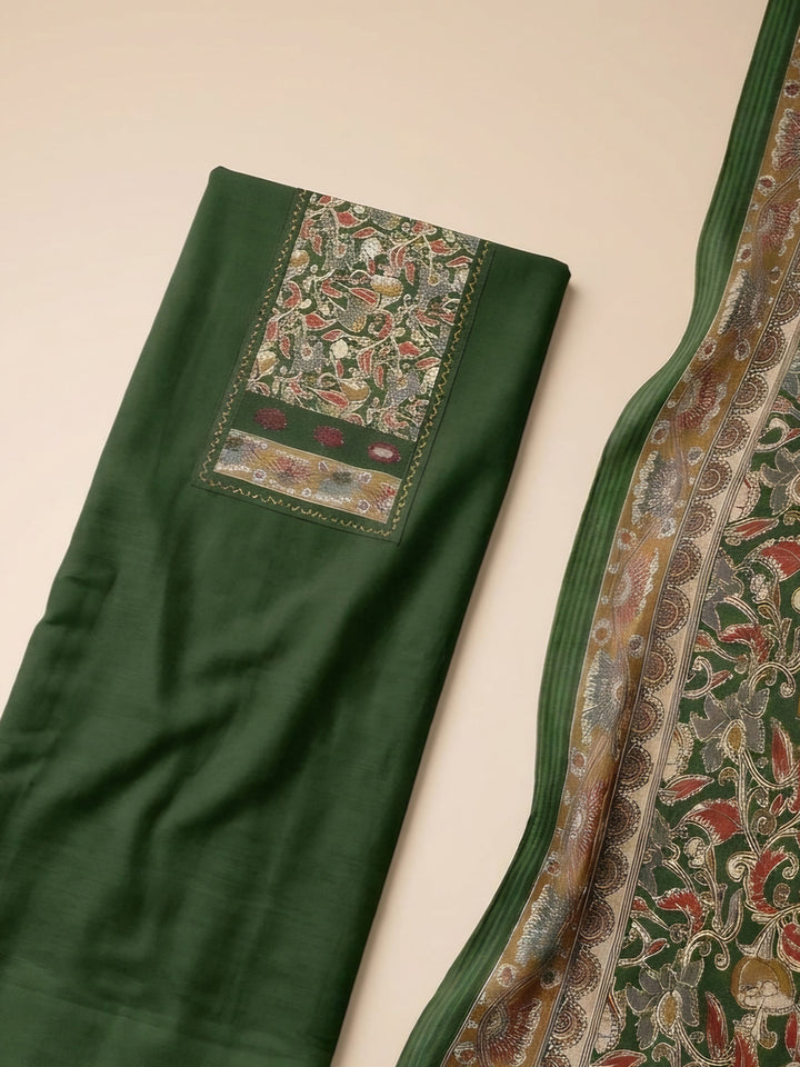 Bottle Green Printed Cotton Blend Unstitched Dress Material